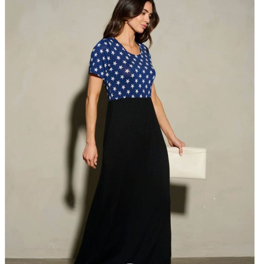 Heimish USA WOMEN'S SHORT SLEEVE FRONT POCKETS STARS PRINT MAXI DRESS S/M